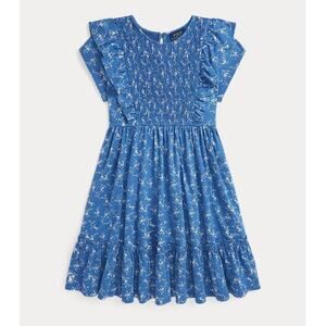 POLO RALPH LAUREN Girls' Floral Smocked Cotton Jersey Dress Size XL
